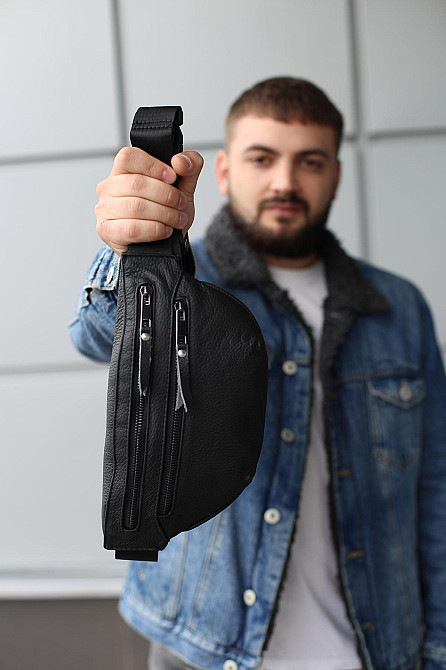 Бананка із натуральної шкіри, шкіряна сумка на пояс SKILL Two Line (Чорна) Суми - фото 8