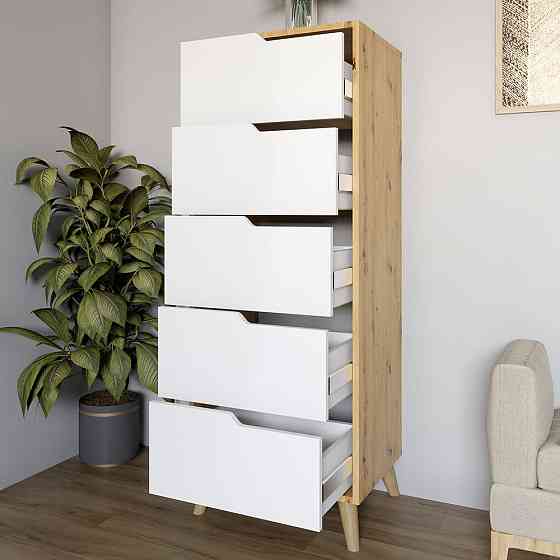 Комод высокий с белыми ножками 5 ящиков М-ЗОН Борн 500 Дуб Артизан/Нимфея Альба (белый) (MZN-031103) Львов