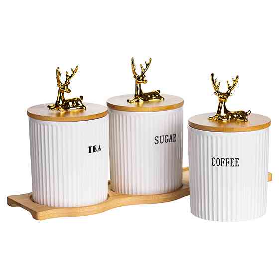 Yiwu Набір порцелянових банок для сипучіх на бамбуковій підставці 3 шт. по 400 мл для чаю кави Коломыя