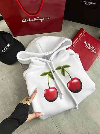 Жіноча тепла оверсайз худі з вишеньками тринитка на флісі Одеса