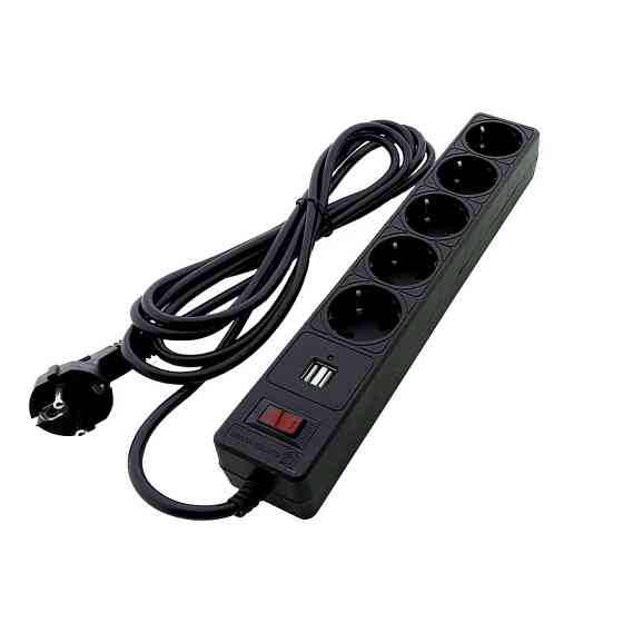 Сетевой фильтр с заземлением 5 гнезд + 2USB, 3 м, черный, защитные шторки Днепр