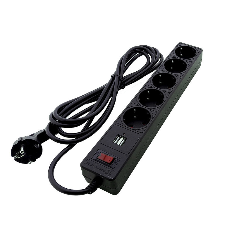 Сетевой фильтр с заземлением 5 гнезд + 2USB, 3 м, черный, защитные шторки Днепр - изображение 3