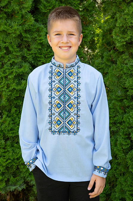 Вышиванка для мальчиков с длинным рукавом льняная, голубая 140 Киев - изображение 1