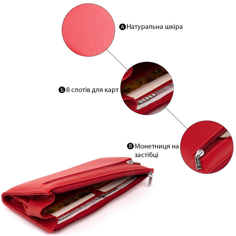 Горизонтальний тонкий гаманець зі шкіри жіночий Червоний (ST Leather) Київ - фото 8