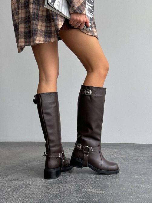 Стильні жіночі зимові чоботи шкіряні на низькому каблуці коричневі теплі 1020 р. 37-40 5705 Коломыя - изображение 1