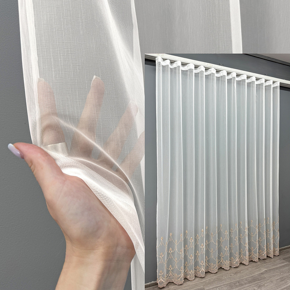 Тюль VR-Textil 1468т Фатин з вишивкою Молочний з пудровим 300х270 см (40-007) Київ - фото 1