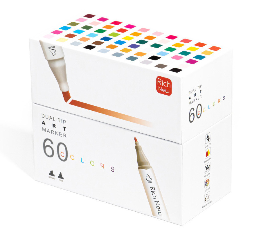Набір професійних маркерів двосторонніх 60 штук Rich New для малювання і скетчинга на спиртовій основі Кам'янець-Подільський - фото 5