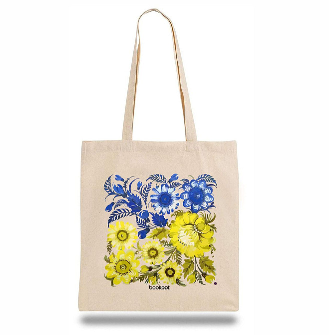 Екошопер BookOpt BK4004 Петриківський розпис Синьо-жовті квіти бежевий Луцк - изображение 2