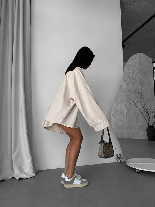 Женский летний прогулочный оверсайз костюм двойка: рубашка и шорты лен Беж Одесса - изображение 4