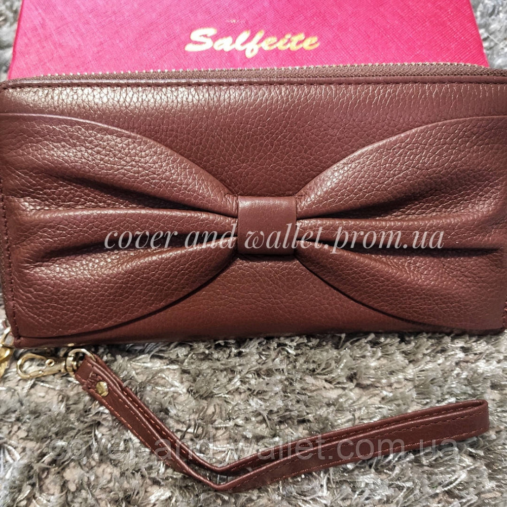Коричневый женский кожаный кошелек клатч на молнии с бантом F.Salfeite Киев - изображение 3