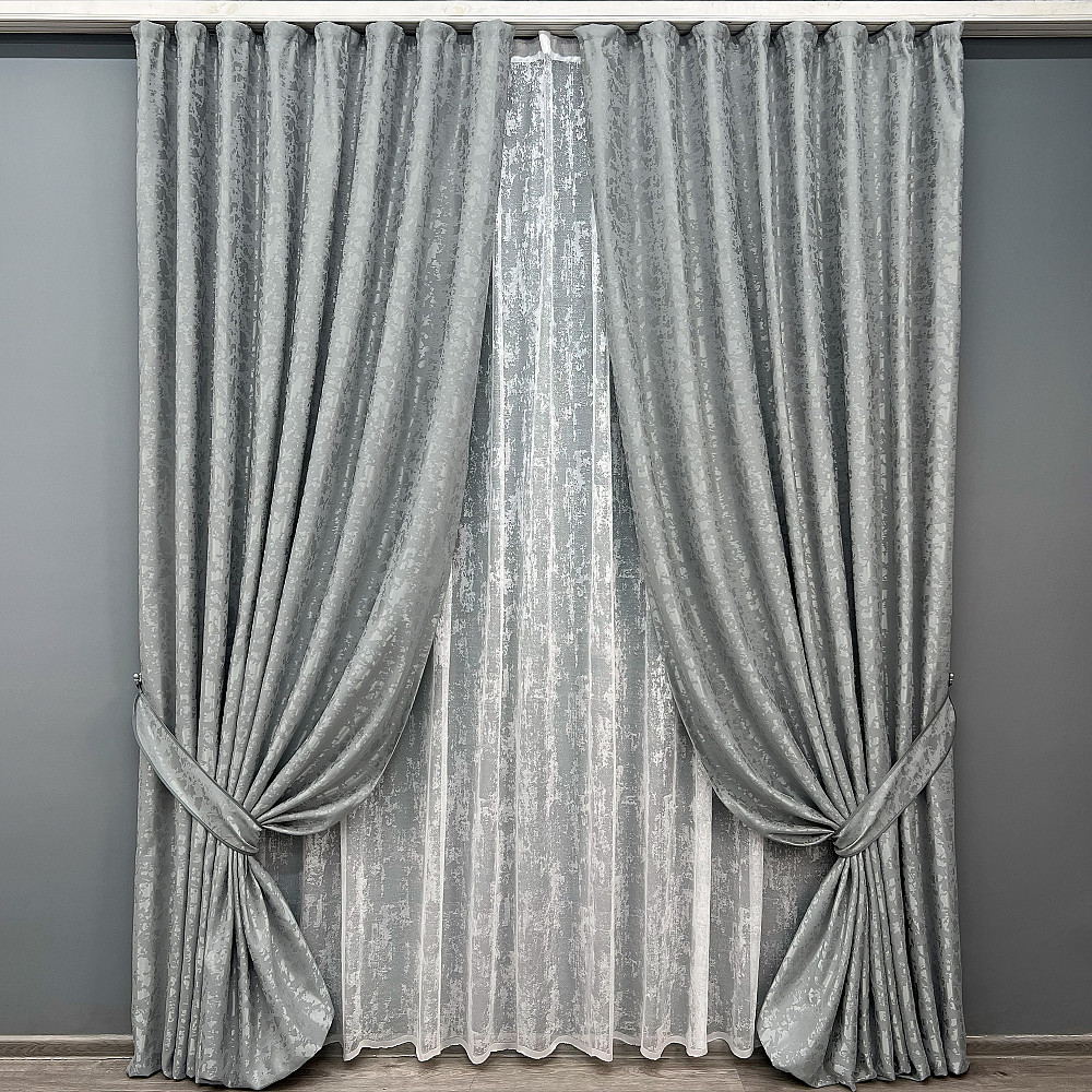 Комплект штор VR-Textil Льон Мармур 200х270 2шт і Тюль 600х270 1911ш-1400т Світло-сірий з білим 71-139/7 Київ - фото 1