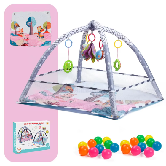 Развивающий коврик-манеж с подвесными игрушками, манеж для детей с ограждением, 80x80x50см, розовый Каменец-Подольский