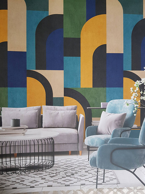 Шпалери вінілові Grandeco One roll one motif 1.59x2.8 панно геометрія смуги фігури напівкруги різні яскраві кольори Київ - фото 1