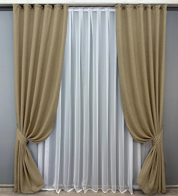 Комплект готових штор VR-Textil Льон Мішковина № 673ш Капучино 200х270 см 2 шт (32-023) Київ - фото 2