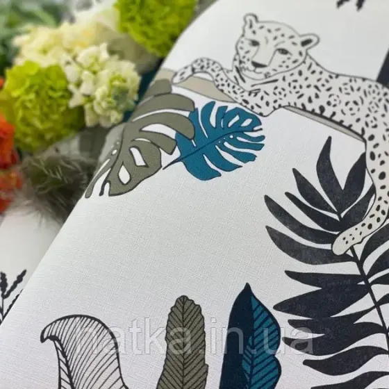 Шпалери вінілові на флізеліні Rasch Clasik 0,53х10 дитячі звірі тигри пальми квіти листя чорні бірюзові на білому Київ