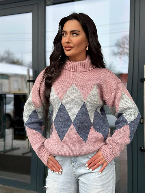 Жіночий в'язаний светр із високою горловиною триколірний.  42-48р Київ - фото 8