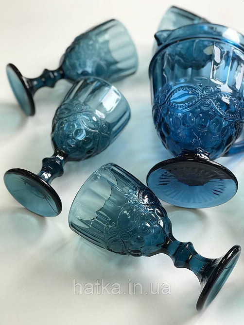 Набір для напоїв 7 предметів 6 шт. келихів + графин 1 л «Вінтаж» 300 мл синій Київ - фото 4