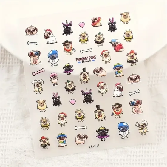 5D-поліуретанові наліпки для нігтів «Мопси» — аркуш 8×9,6 см Київ