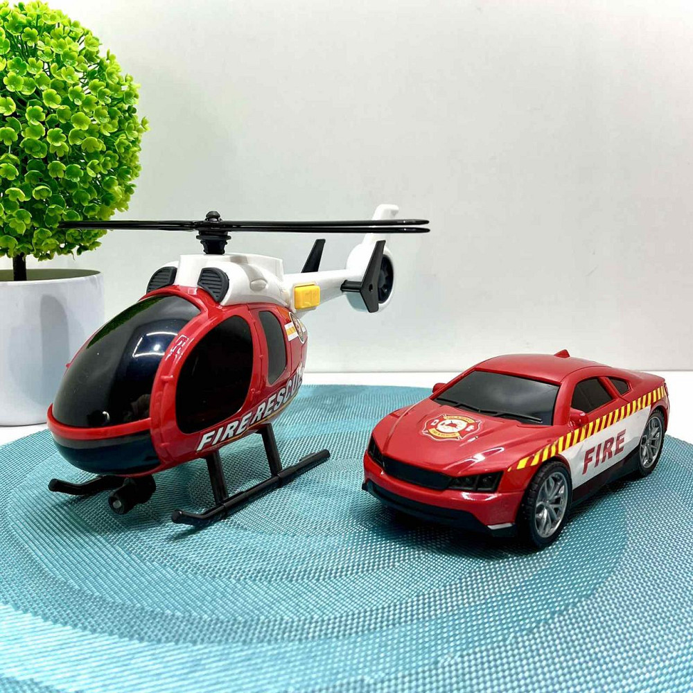 Трейлер Пожежна машина звуки підсвічування інерція гумові шини машинка вертоліт Червоний (666-66 F) Чернигов - изображение 6