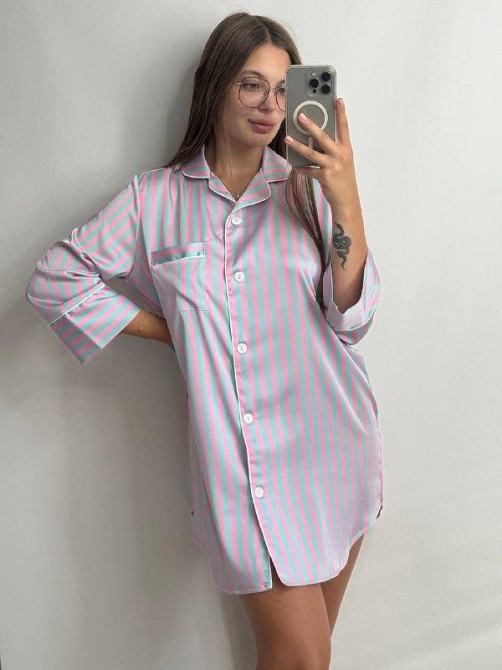 Женская ночная рубашка сатиновая Голубо-розовый полоска M Харьков - изображение 1