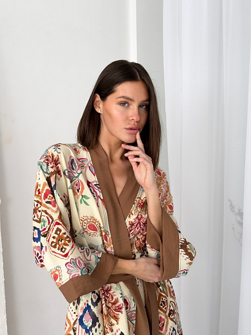 Жіночий халат віскоза домашній кімоно довгий COSY Boho Chic на запах у подарунковій упаковці карамель Одеса - фото 7