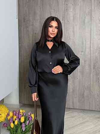 Женская стильная блуза свободного кроя с вшитым воротником-чокером на пуговицах итальянский шелк Черный, 48/52 Одесса