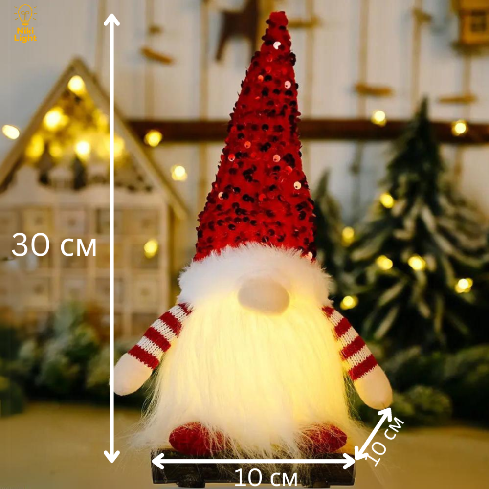 Новогодний гном с подсветкой новогодняя фигурка под елку высота 30см батарейки в комплекте Красный Киев - изображение 5