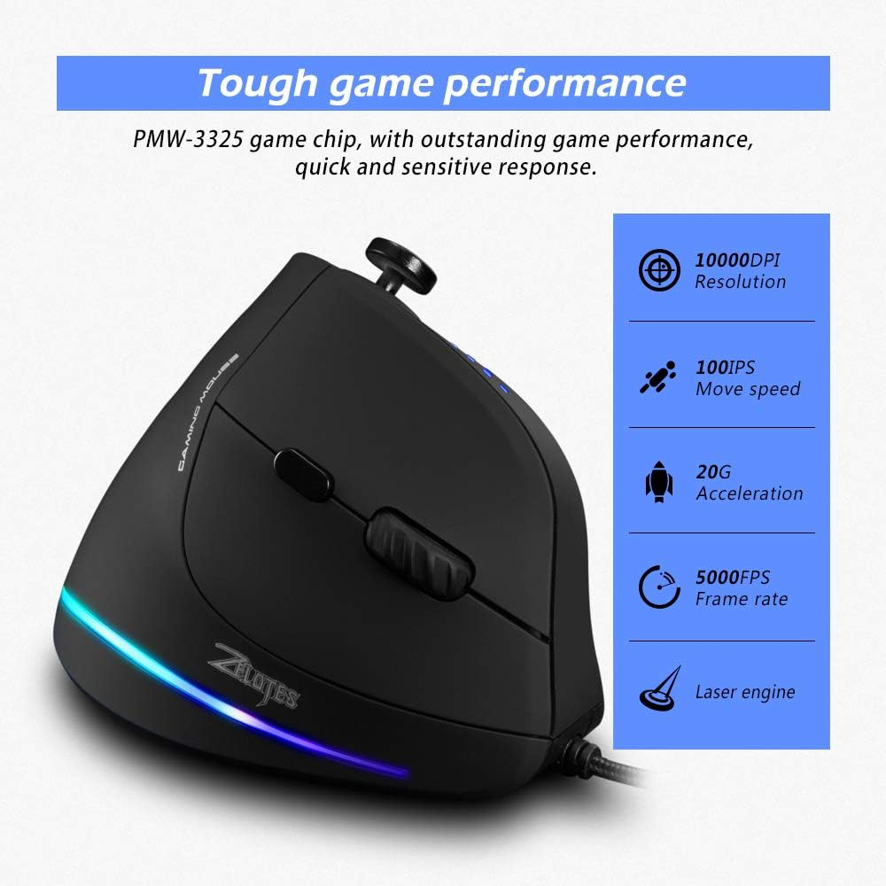 Игровая вертикальная мышь Zelotes C18 RGB, 10000 DPI, программируемая, проводная, PMW3325, эргономичная, с панелью управления Киев - изображение 3