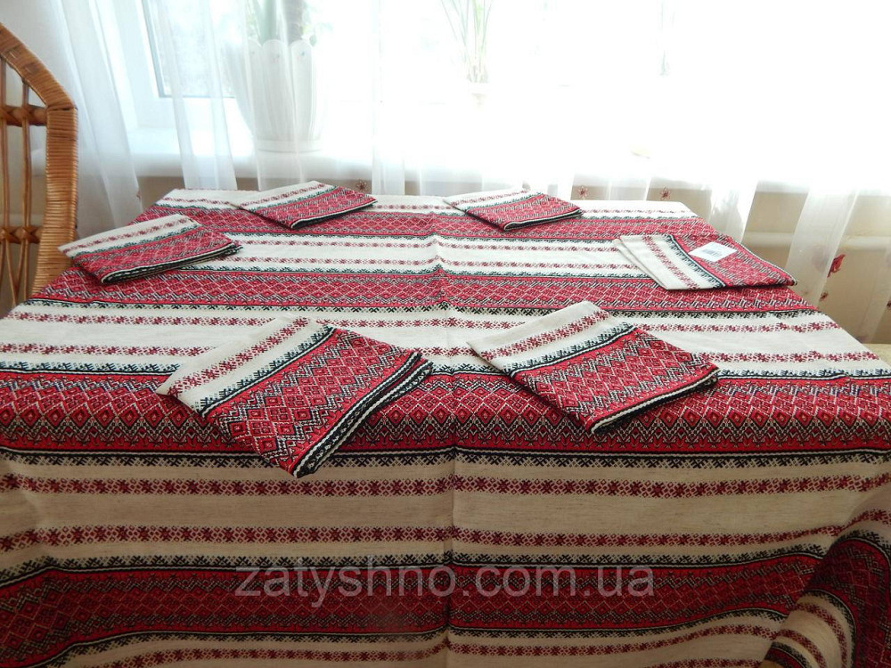 Красный  комплект скатерти и салфеток на льне Киев - изображение 5