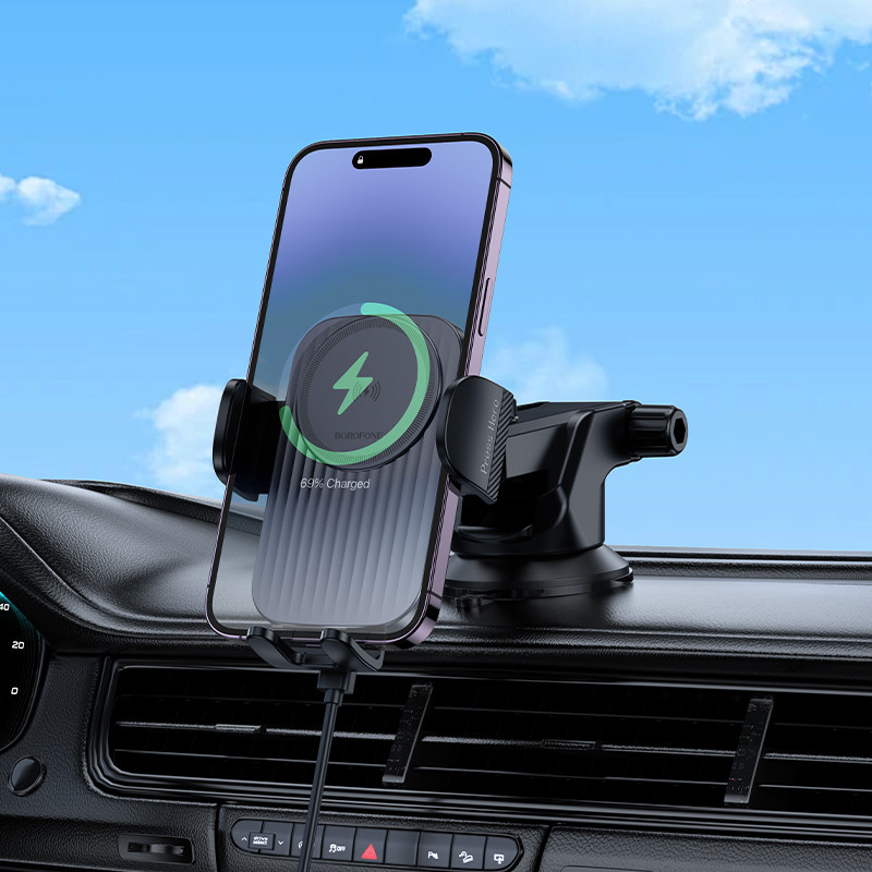 Автотримач для телефона з БЗП BOROFONE BH222 Leading push-type wireless fast charging car holder(center console) Black Київ - фото 7