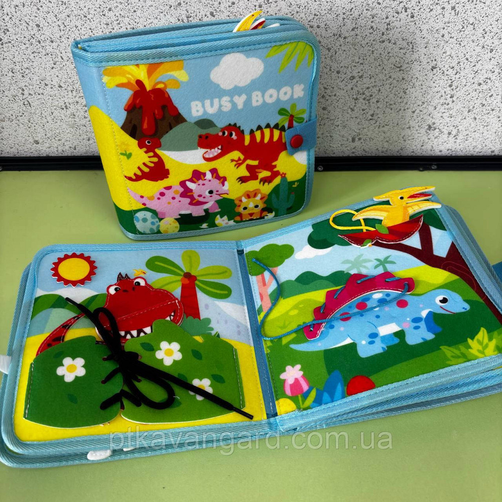 Книга-бізіборд фетрова м'яка розвиваюча "Динозаври" на липучках, пальчикові ігри 25009 Хмельницький - фото 1