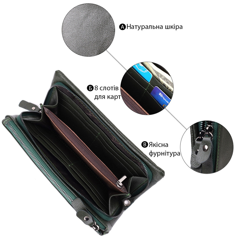 Удобный кошелек для женщин с кистевым ремнем из натуральной кожи Зеленый (ST Leather) Киев - изображение 8