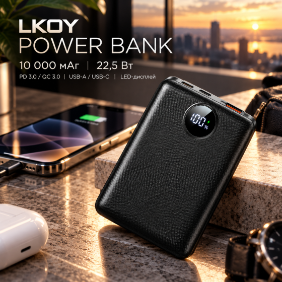 Повербанк LKOY 10000 мАг, 22,5 Вт, швидка зарядка PD 3.0/QC 3.0, 3 порти USB-A/USB-C, LED-дисплей, чорний Київ