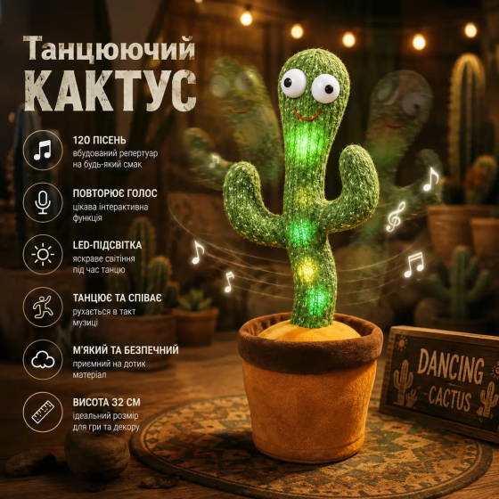 Танцующий кактус интерактивная игрушка, повторяющая голос, поющая и танцующая — музыкальная плюшевая игрушка для детей, подарок Киев