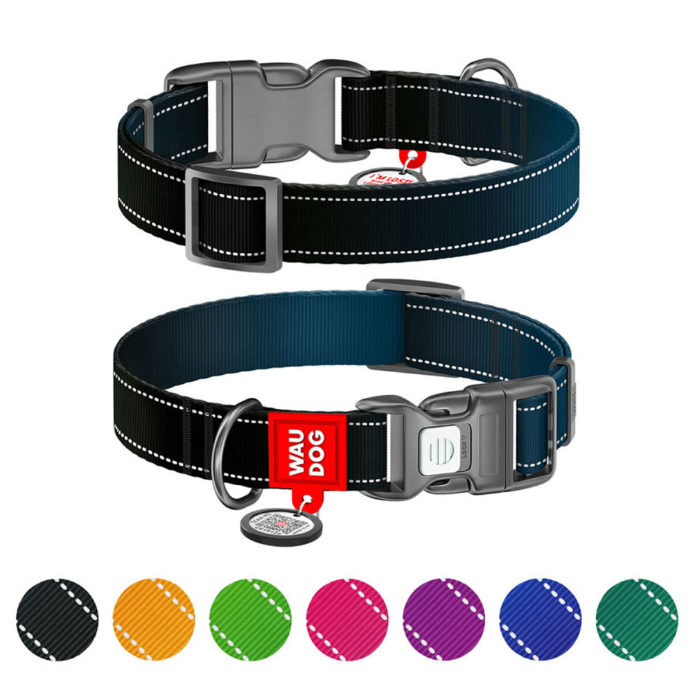 Нашийник для собак нейлоновий WAUDOG Nylon Mono з QR паспортом, світловідбивний, пластиковий фастекс, L, Ш 25 мм, Дов 33-49 см чорний Київ - фото 1