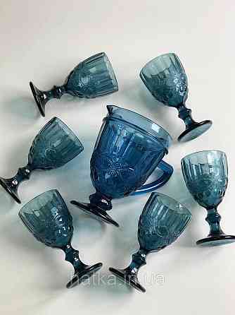 Набір для напоїв 7 предметів 6 шт. келихів + графин 1 л «Вінтаж» 300 мл синій Київ