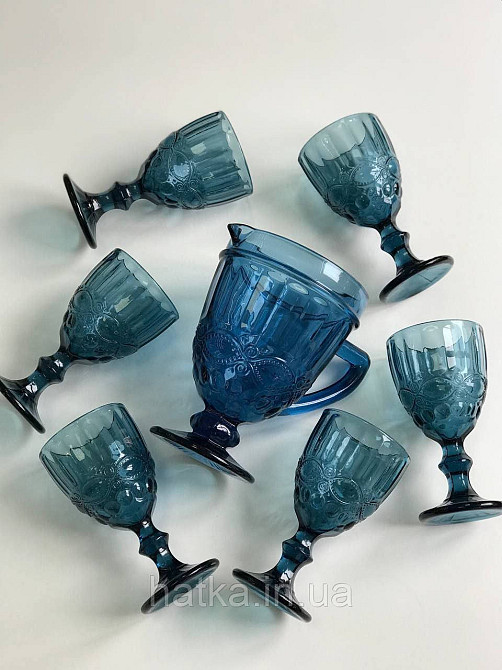 Набір для напоїв 7 предметів 6 шт. келихів + графин 1 л «Вінтаж» 300 мл синій Київ - фото 1