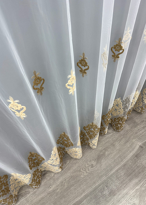 Тюль фатин с объемной вышивкой цвет белый с бежевым и шоколадным 1845т Киев - изображение 6