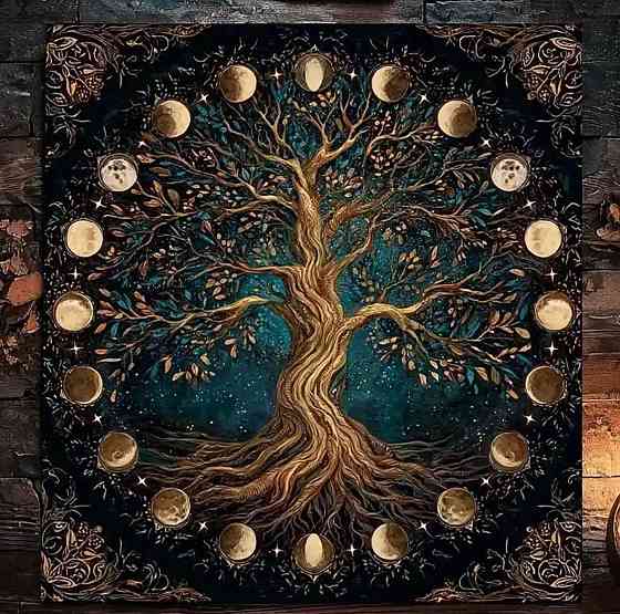 Скатертина для таро Дерево життя, алтарне полотно з фазами місяця, тканина для ворожіння 75×75 см Київ