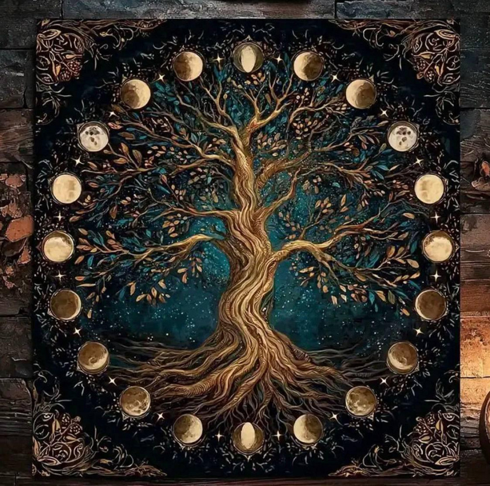 Скатертина для таро Дерево життя, алтарне полотно з фазами місяця, тканина для ворожіння 75×75 см Київ - фото 2