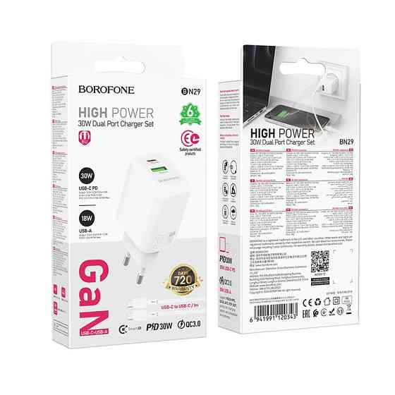 Мережевий зарядний пристрій BOROFONE BN29 Fuente PD30W+QC3.0 charger (EU) White Одеса