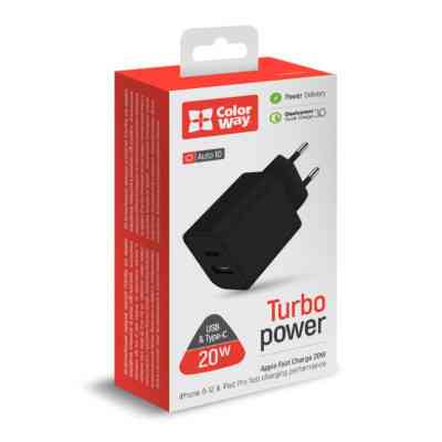 Зарядное устройство ColorWay Type-C PD + USB QC3.0 (20W) V2 black (CW-CHS025QPD-BK) Винница