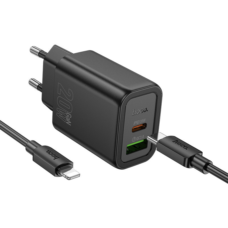 Мережевий зарядний пристрій з кабелем HOCO N61 Gentle PD20W+QC3.0 charger set(C to iP) Black Одеса - фото 1