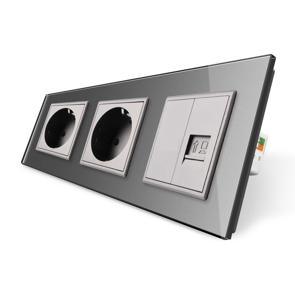 Розетка тримісна комбінована Силова Інтернет Livolo сірий скло (VL-C7C2EU1CK0-15) Коломыя - изображение 8