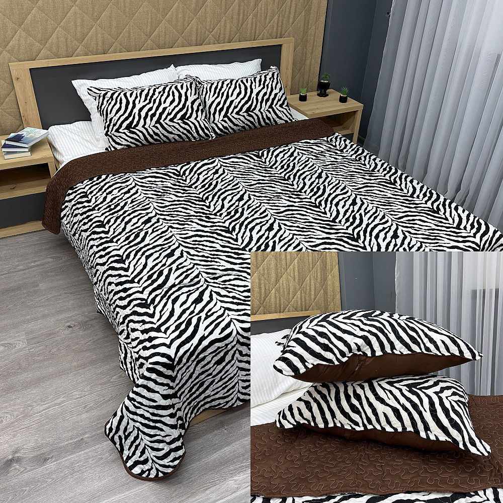 Покривало двостороннє з хутром 200x220 (+-10 см) і 2 наволочки колір чорно-білий з коричневим (85-165) Київ - фото 1