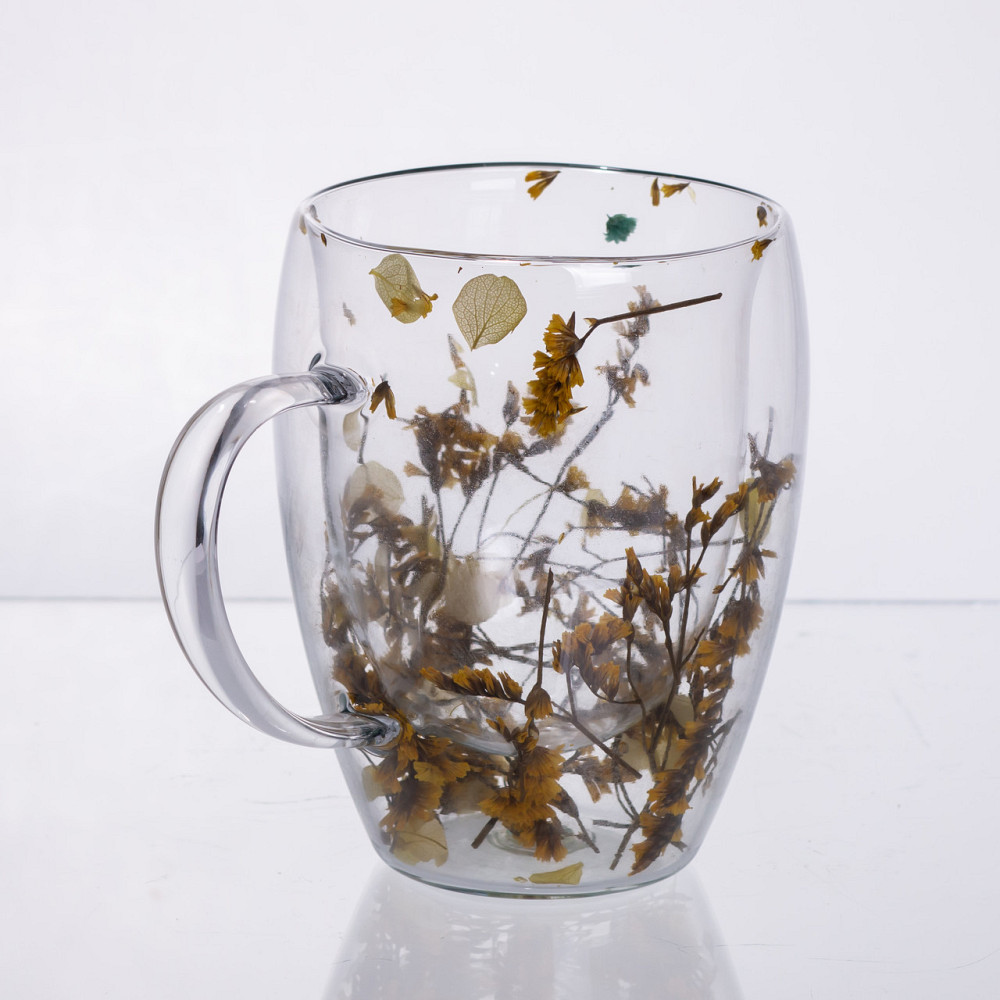 Чашка скляна з подвійними стінками, склянка з термостійкого скла з декором жовтих сухоцвітів 350 мл 64486-43 Київ - фото 4