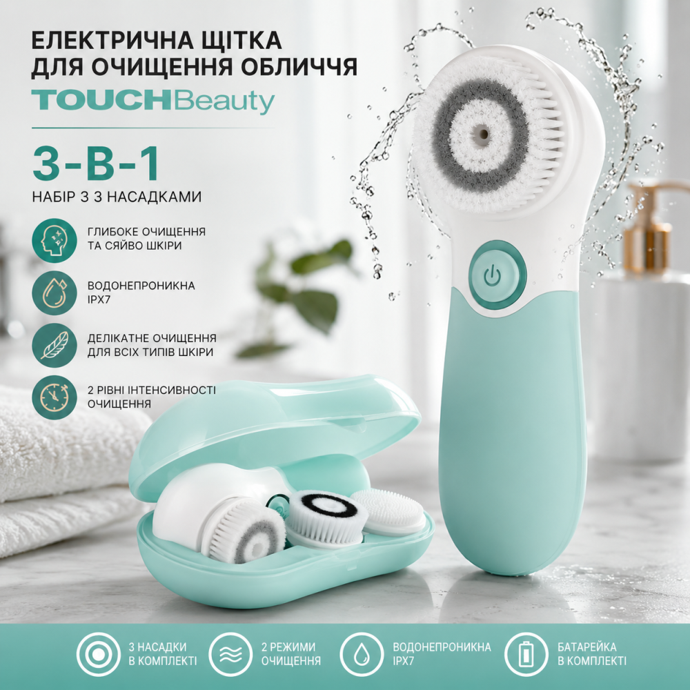Електрична щітка для очищення обличчя TOUCHBeauty 3-в-1, набір з 3 насадками, водонепроникна, для сяйва шкіри Київ - фото 1