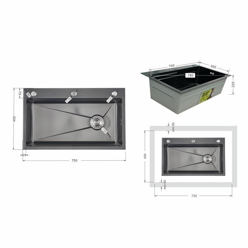 Мийка для кухні інтегрована Lidz Handmade H7545B Brushed Black PVD 3,0/1,0 мм LDH7545BRUBLM49458 чорна Київ - фото 2