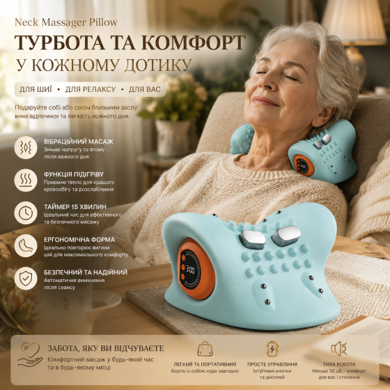 Массажер для шеи Neck Massager Pillow: беспроводная массажная подушка с подогревом, 3 режима, 6 уровней интенсивности Киев