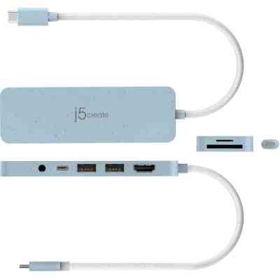 Концентратор J5create USB-C 6-in-1 2xUSB 3.2 + USB-C PD + HDMI 4K + SD/TF + 3.5mm cyan (JCD373EC-N) Винница